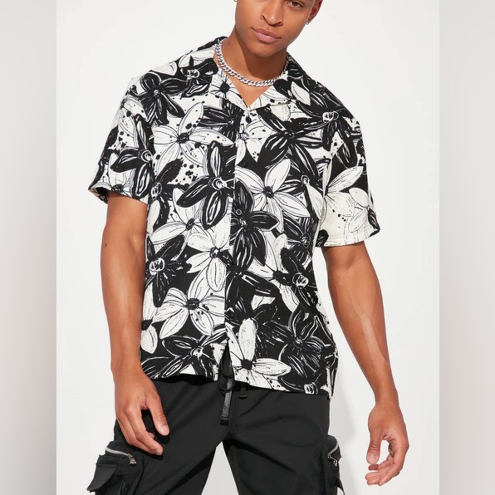 Men's Black and White Floral Shirt